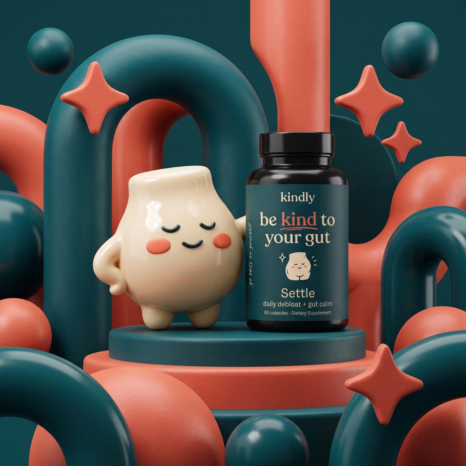 Kindly Settle bottle with the kindly gut character in a calm world