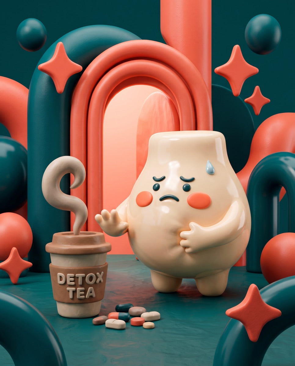 The kindly gut character wincing and pushing away a clay detox tea and scattered pills