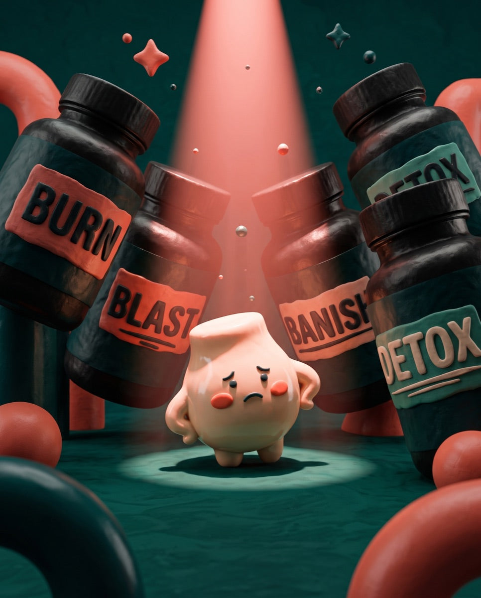 The kindly gut character shrinking under loud supplement bottles shouting burn, blast, banish, detox